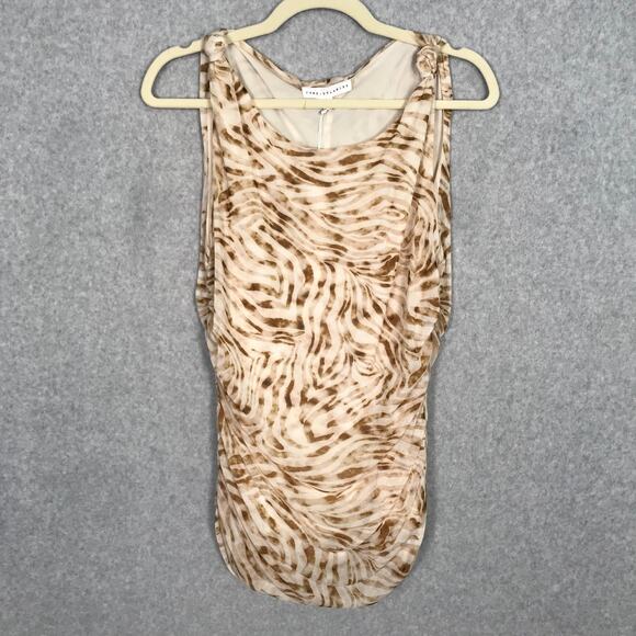Jane Delancey Top Large Tan Brown Tank Blouse‎ Animal Mesh Strap Knot Ruched - Picture 1 of 10